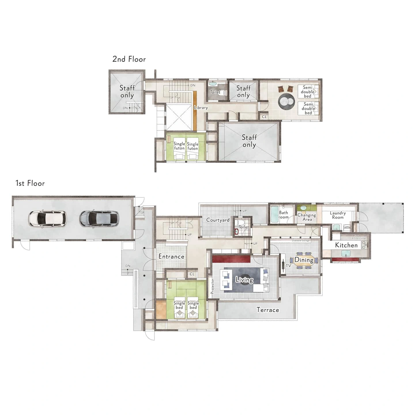 博登-Archit Stay-の1階・2階平面図。1階にシングル2台の寝室、リビング、ダイニング、キッチン、浴室。2階にセミダブル2台の寝室と布団2式の和室。